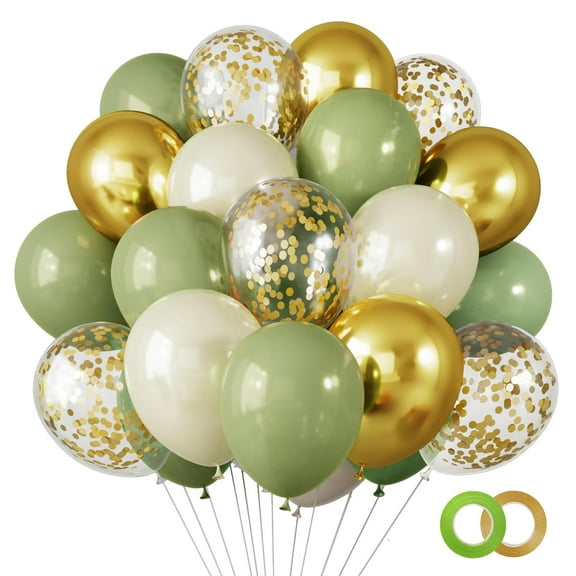 12 Inches Green Gold Confetti Balloons Set, 65 Pcs Latex Balloons with Ribbons for Tiana Birthday Eucalyptus Wedding Shower Party Decor, Green