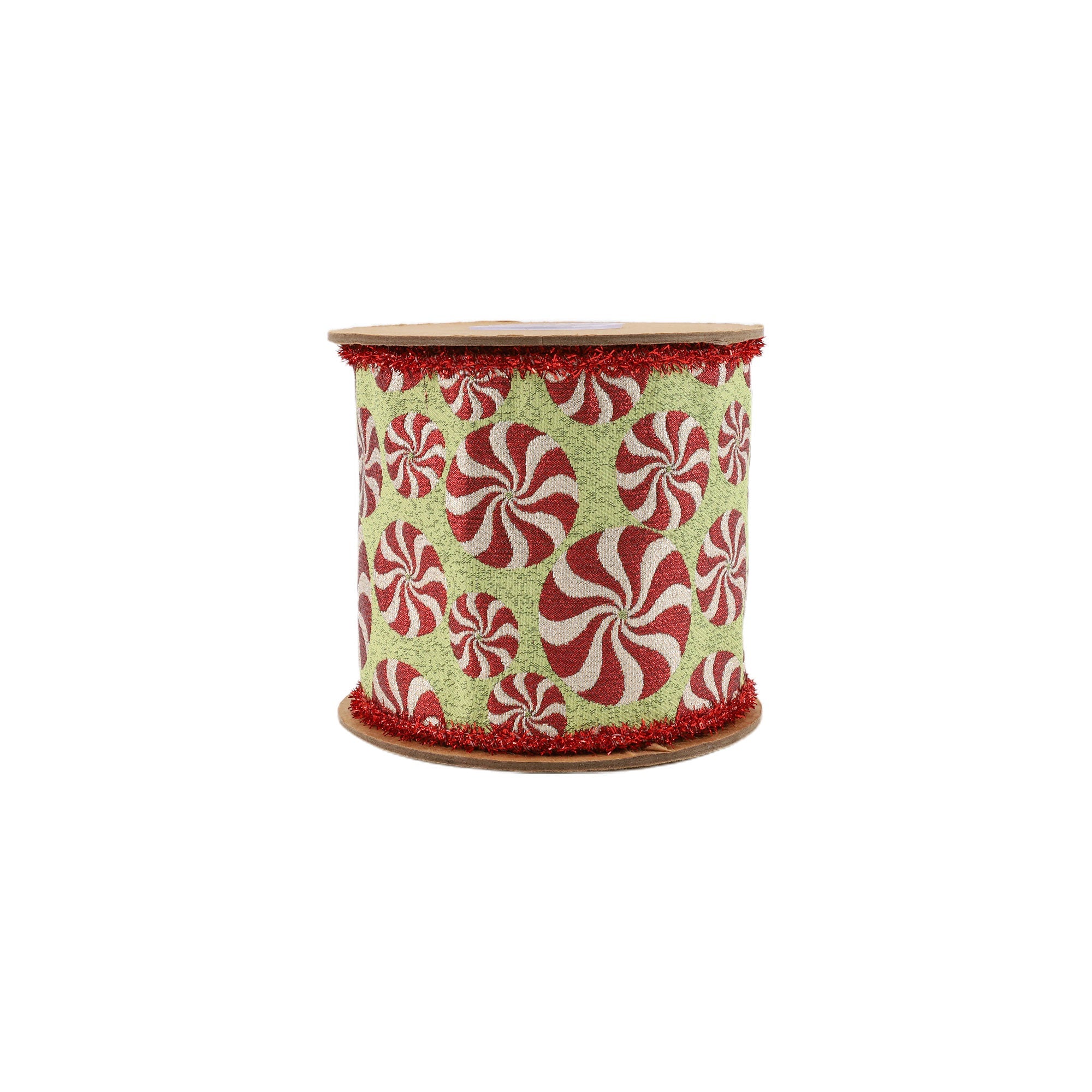 LaRibbons 4" Wired Jacquard Ribbon, Peppermint on Apple Green w/ Tinsel Edge, 5 Yard Roll