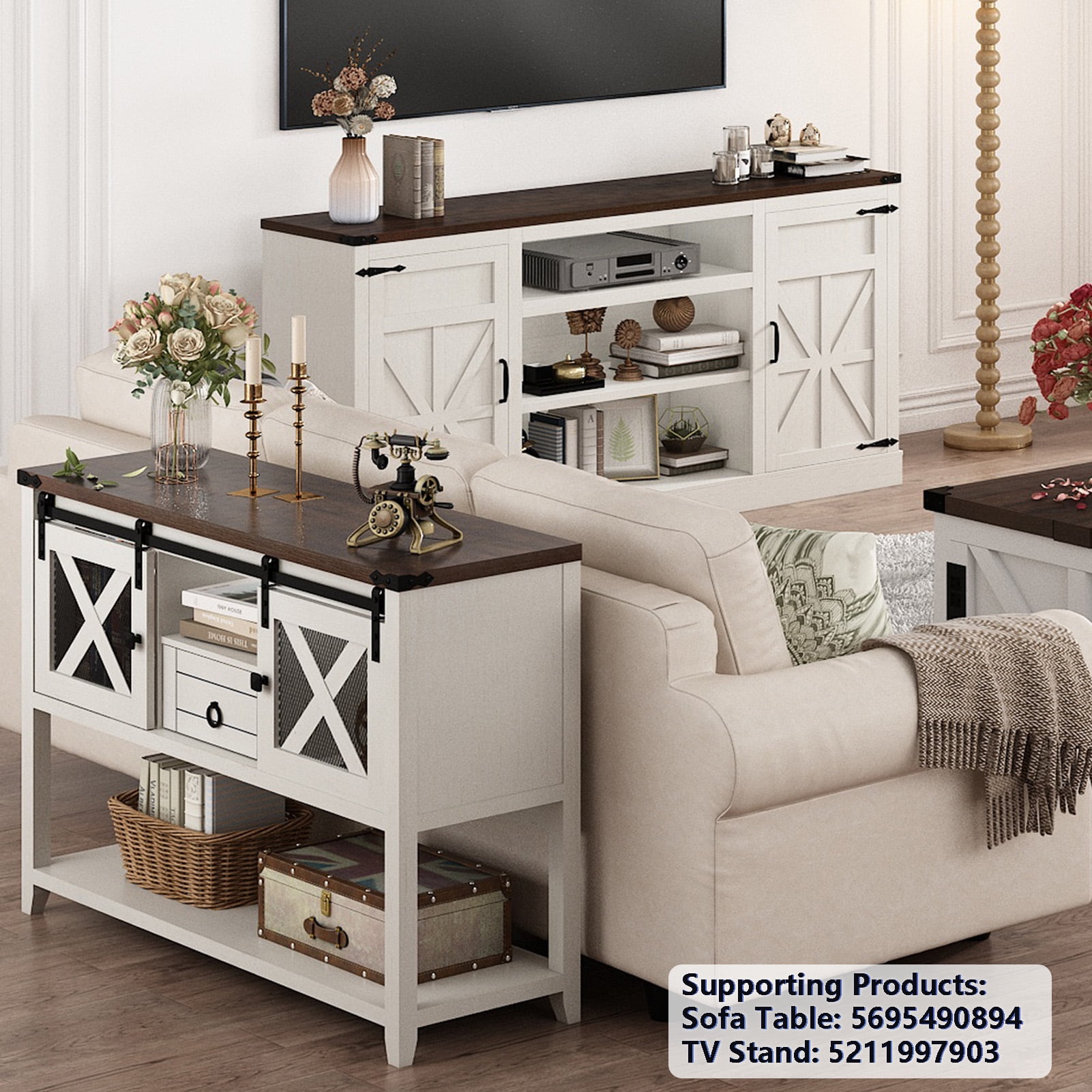 ChVans Farmhouse TV Stand for 65" 70" up 75" TVs with Power Outlet, 33" Tall TV Stand Entertainment Center with Storage, White TV Consoles For Living room Bedroom