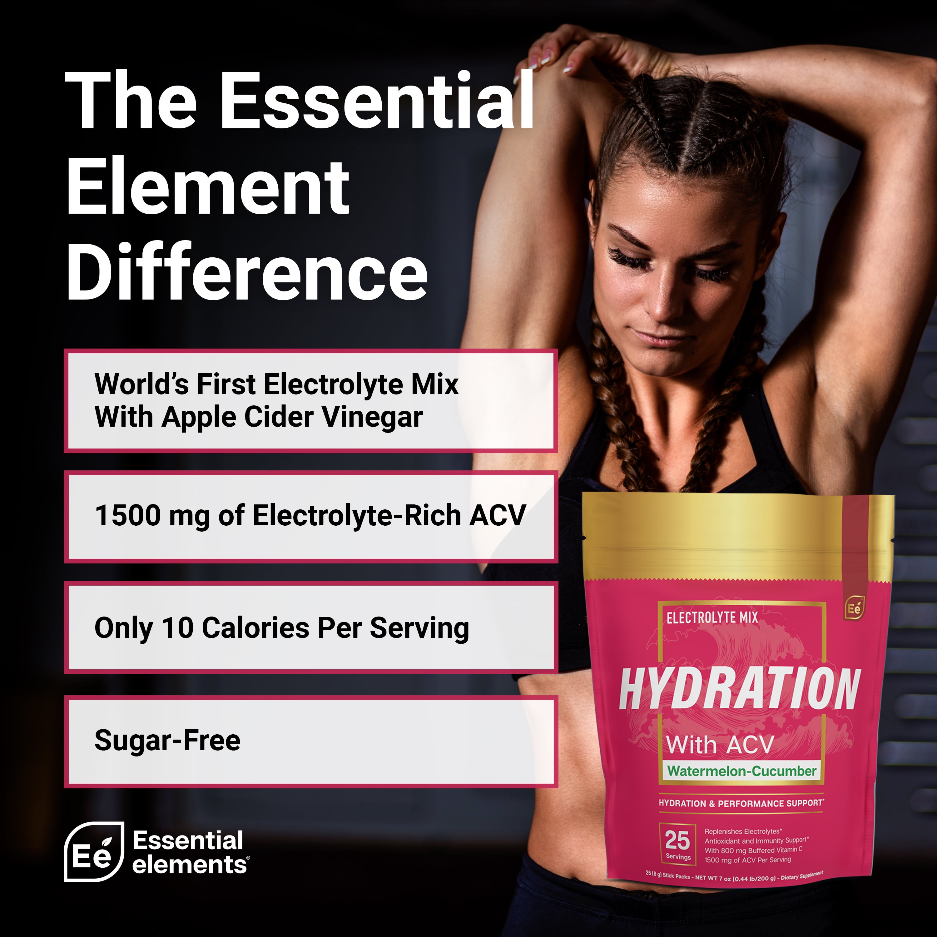 Essential Elements Hydration Watermelon Cucumber | Electrolyte Supplement with  ACV & Vitamin C, 100mg, 25 Stick packs