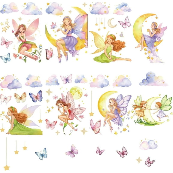 8 Sheets 8 Styles Fairy Window Stickers Fairy Wall Decals Angel Star Moon Cloud Butterfly PVC Waterproof Self Adhensive Peel and Stick Window Clings for Classroom Bedroom Home Birthday Decor