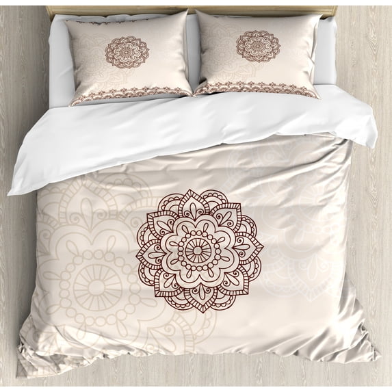 Henna Duvet Cover Set Queen Size, Geometrical Design with Swirls Lines Abstract Flower in Middle Asian Inspirations, Decorative 3 Piece Bedding Set with 2 Pillow Shams, Beige Brown, by Ambesonne