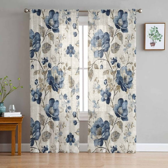 Blue Gray Spring Floral Sheer Curtains 96 Inch Length 2 Panels Set for Living Room/Bedroom, Vintage Botanical Semi Curtain Sheers Drapes Rod Pocket Curtains Window Treatment Set 52''x96''x2