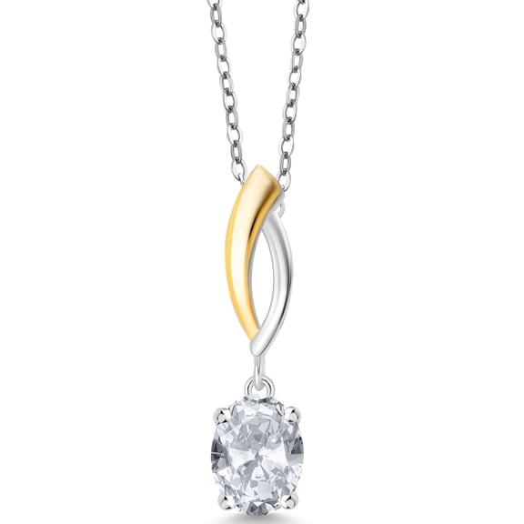 Gem Stone King 1.50 Ct Oval White Topaz 925 Silver and 10K Yellow Gold Pendant with Chain