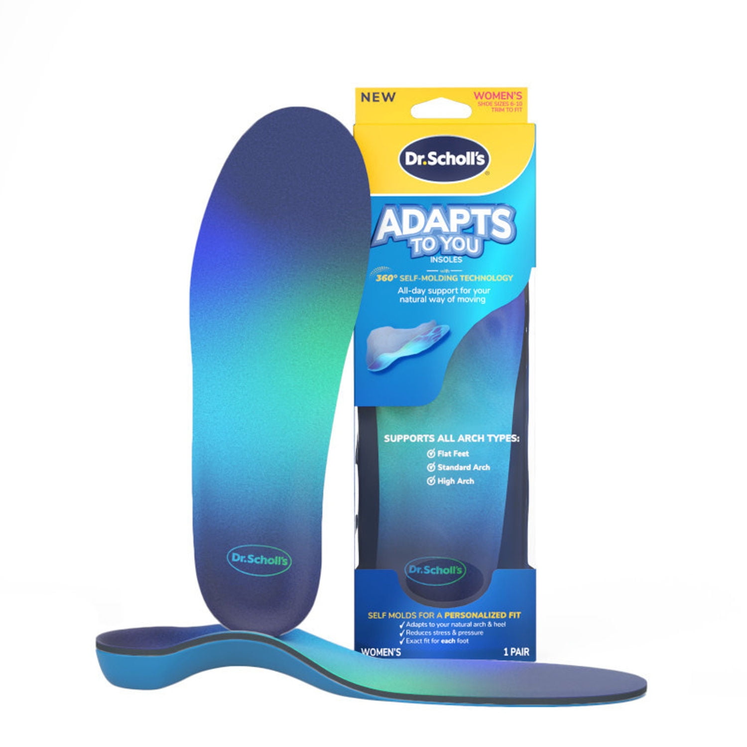 (2 pack) Dr. Scholl’s Adapts To You Insoles for Women, with Self-Molding Foam Technology – Clinically Proven to Adapt to Your Feet, Flexible Arch Support Inserts, Shock-Absorbing, Podiatrist-Tested, Size 6-10