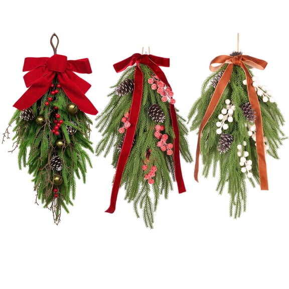 Artificial Christmas Teardrop Swag, 21" Faux Pine Needles Greenery Teardrop Wreath for Xmas Door Table Mantle Fireplace Indoor Outdoor Holiday Decor with White Berries