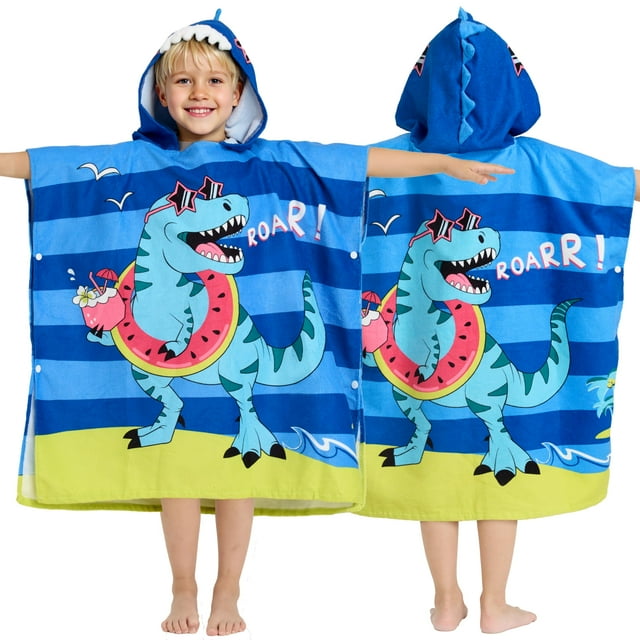 Toalla de playa infantil con capucha Joiedomi Blue Dinosaur 76x76 cm
