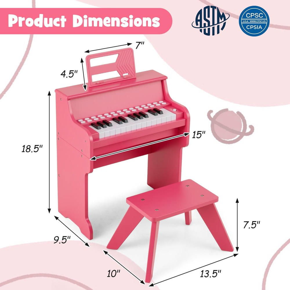 Resenkos 25-Key Wooden Toy Digital Piano with Stool & Volume Control - Pink