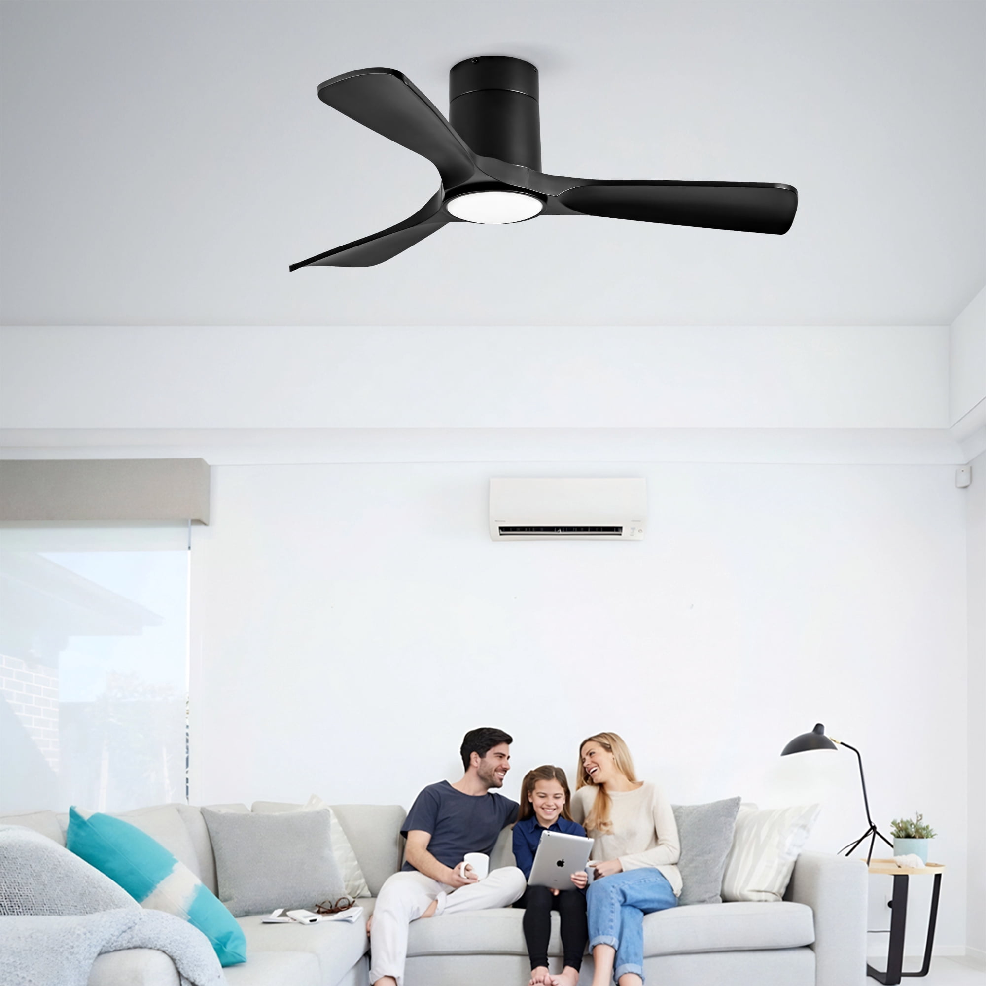 Ceiling Fan with Lights, 42 Inch Flush Mount Remote Control ABS Blades Ceiling Fan for Bedroom Farmhouse Home, Black