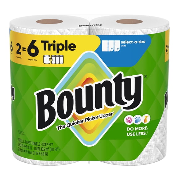 Bounty - Toallas de Papel Select A Size, 2 Rollos Triples, 123 Hojas por Rollo, Hojas Ajustables, Súper Absorbentes, Textura Diamante, Limpieza Rápida y Duradera