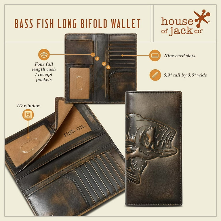HoJ Co. BASS FISH Long Wallet For Men , Full Grain Leather with Hand  Burnished Finish , Long Bifold Wallet , Rodeo Wallet , Bass Fisherman Gift