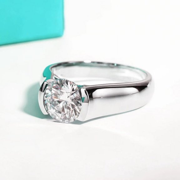 Silvago Jewel Half Bezel 2.3 Ct Round Cut Lab Created Diamond Women's Wedding Band - Stamped 14k Silver Wedding Band - Diamond Rings for Women - One Stone Engagement Ring - Solitaire Ring