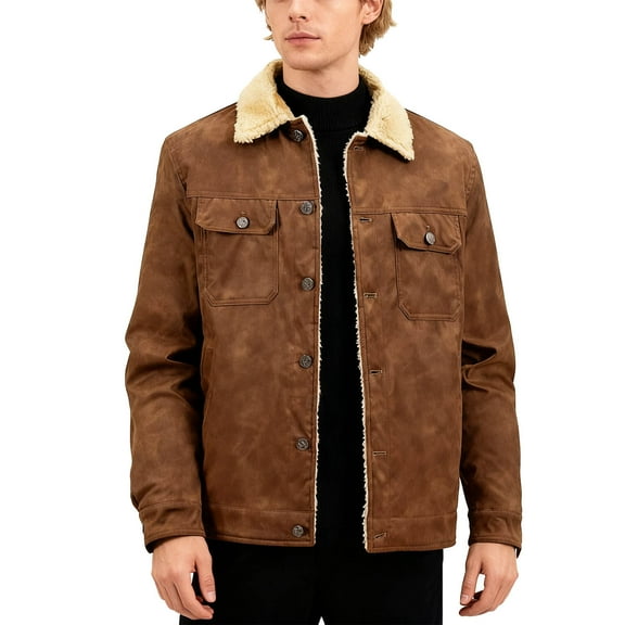 ZUKMRJPC Men's Vintage Cargo Jackets Fur Collar Fleece Lined Winter Coats Thermal Warm Casual Button Down Work Jackets with Pockets