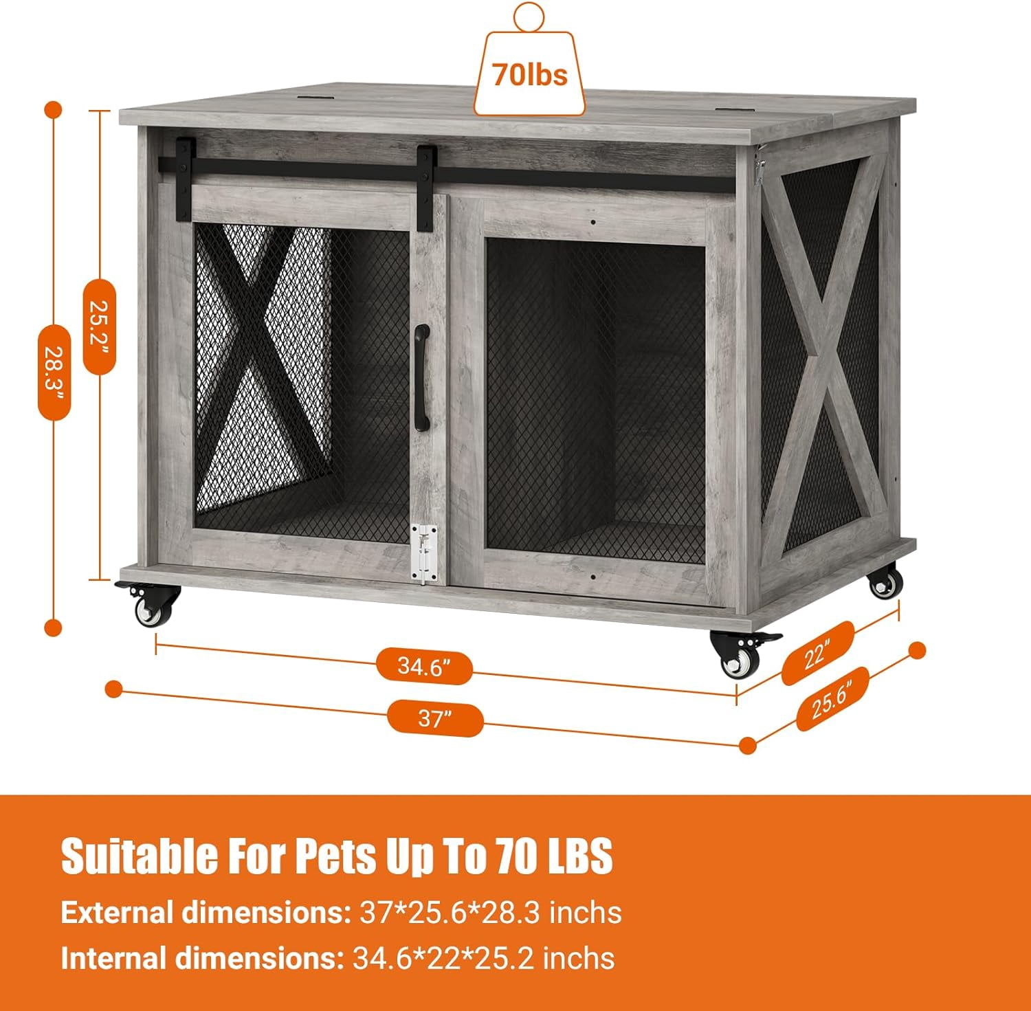 Studyset Dog Crate Furniture with Flip Top, 37" Dog Cage Furniture with Sliding Barn Door, Wheels and Removable Divider, Furniture Style Dog Crate Table, Indoor Dog Kennel for Large Dogs