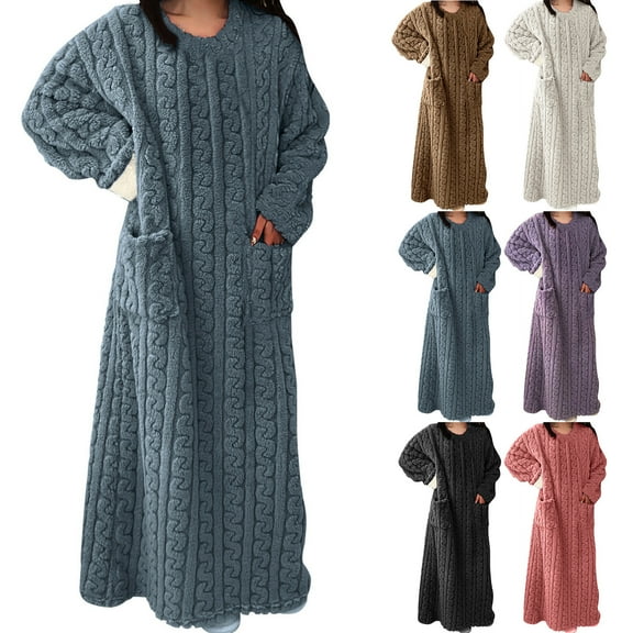 Antinious Womens Nightdress Solid Long Sleeve Long Sleepdress Warm With 2 Pockets,Winter Pajamas Dress for Women,Nightgowns for Women,Pink,L
