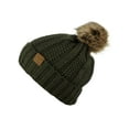 thumbnail image 2 of C.C Thick Cable Knit Faux Fuzzy Fur Pom Fleece Lined Skull Cap Cuff Beanie, Dark Olive, 2 of 3