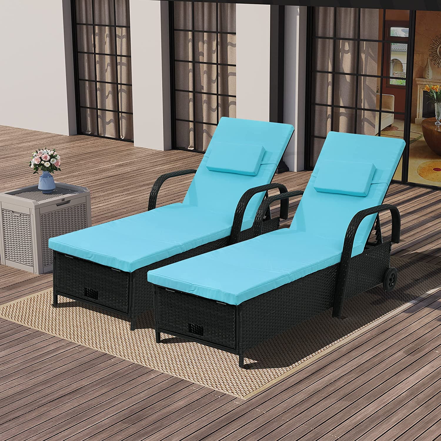 Dextrus Outdoor Chaise Lounge Storage Chair, Rattan Wicker Patio Pool Lounger with Adjustable Backrest, Arm, Cushion, Pillow and Wheel for Poolside Backyard Porch Garden Beach