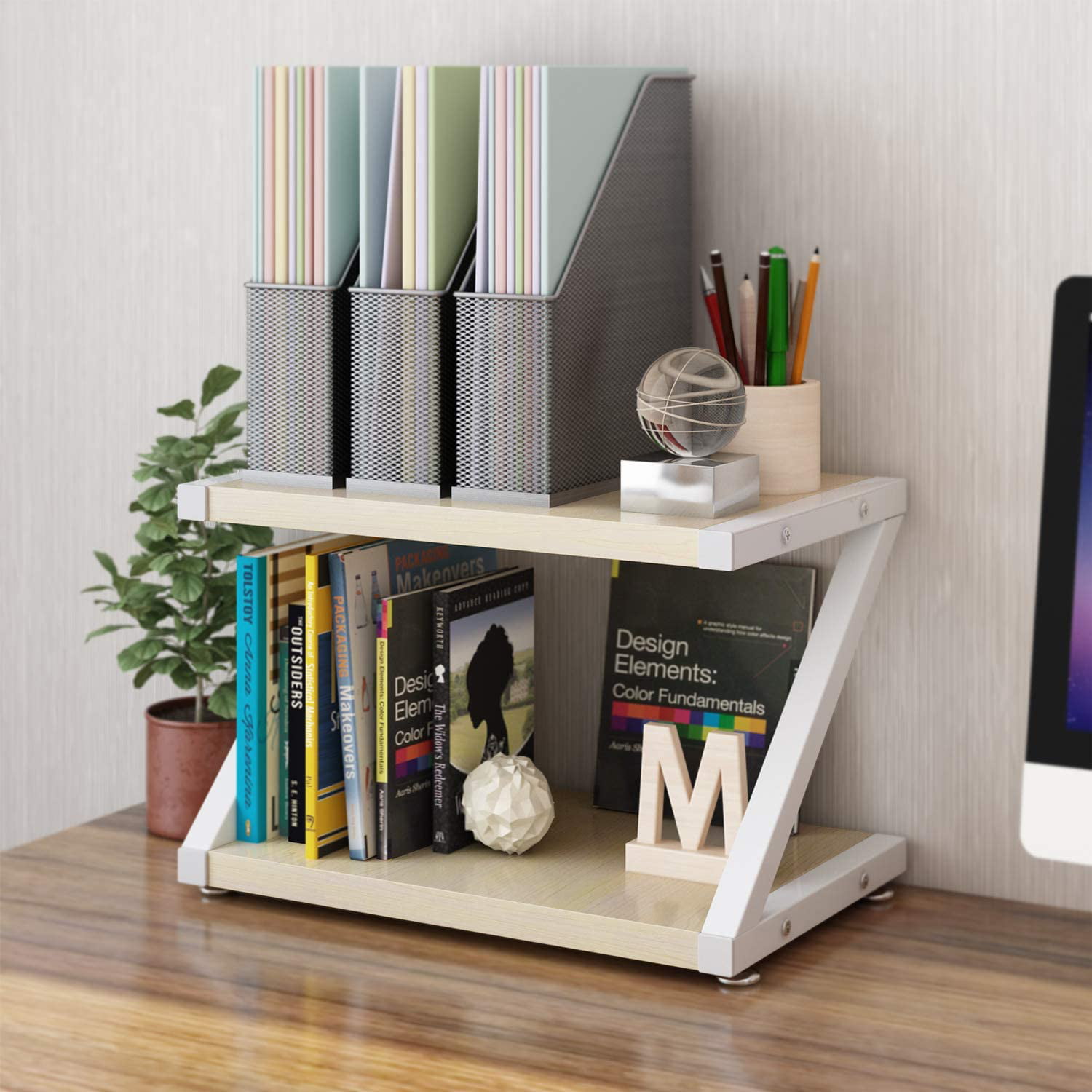 Color : White, Size : A Desktop Bookshelf Multipurpose Desktop Bookshelf Foldable Printer Stand Desk Organizer Wood Display Shelf Office Storage Rack Countertop Bookcase Desktop Storage