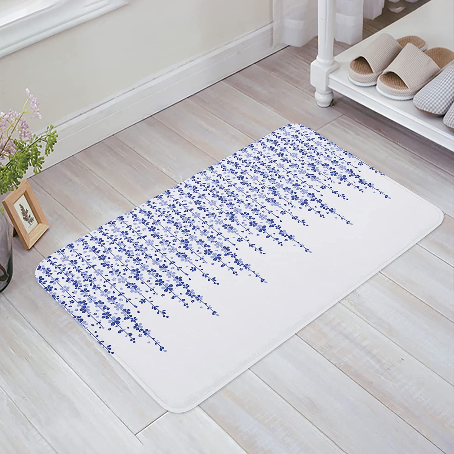 Outdoor Rug 20x32in Area Rug Cherry Blossom Abstract Scalloped Floral Pattern Blue Grey Bathroom