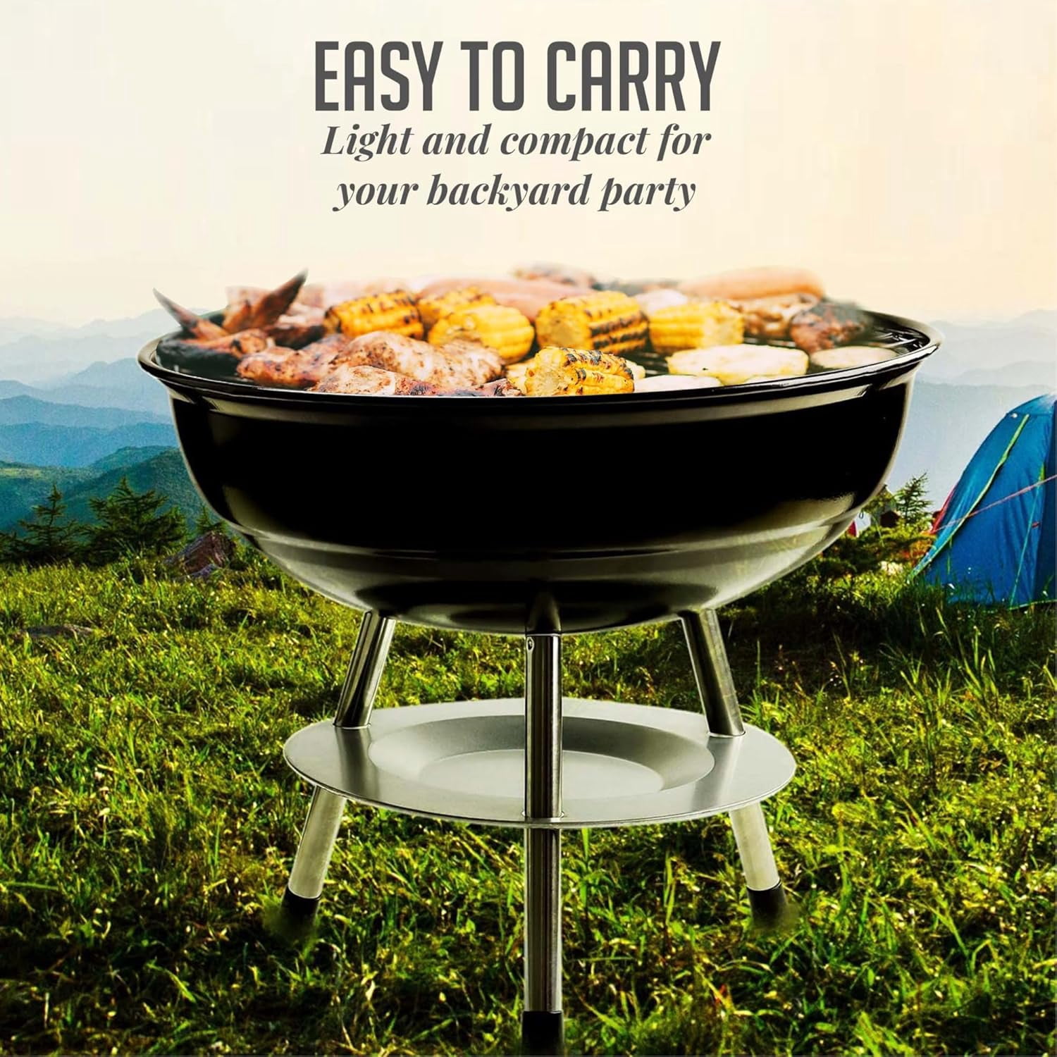OVENTE 14-Inch Portable Charcoal Grill with Dual Venting System for Outdoor Cooking, Lightweight and Easy to Use Small Barbecue Griller for Backyard, Patio, Camping, Picnic and Parties, Red GQR0400BR
