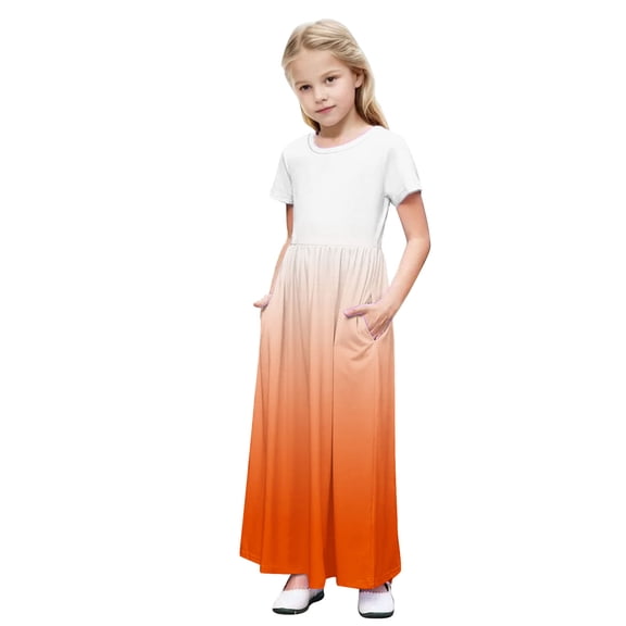 DeHolifer Girls Maxi Dress Gradient Color Crewneck Short Sleeve Lightweight Casual Holiday Dress with Pockets,4 Years