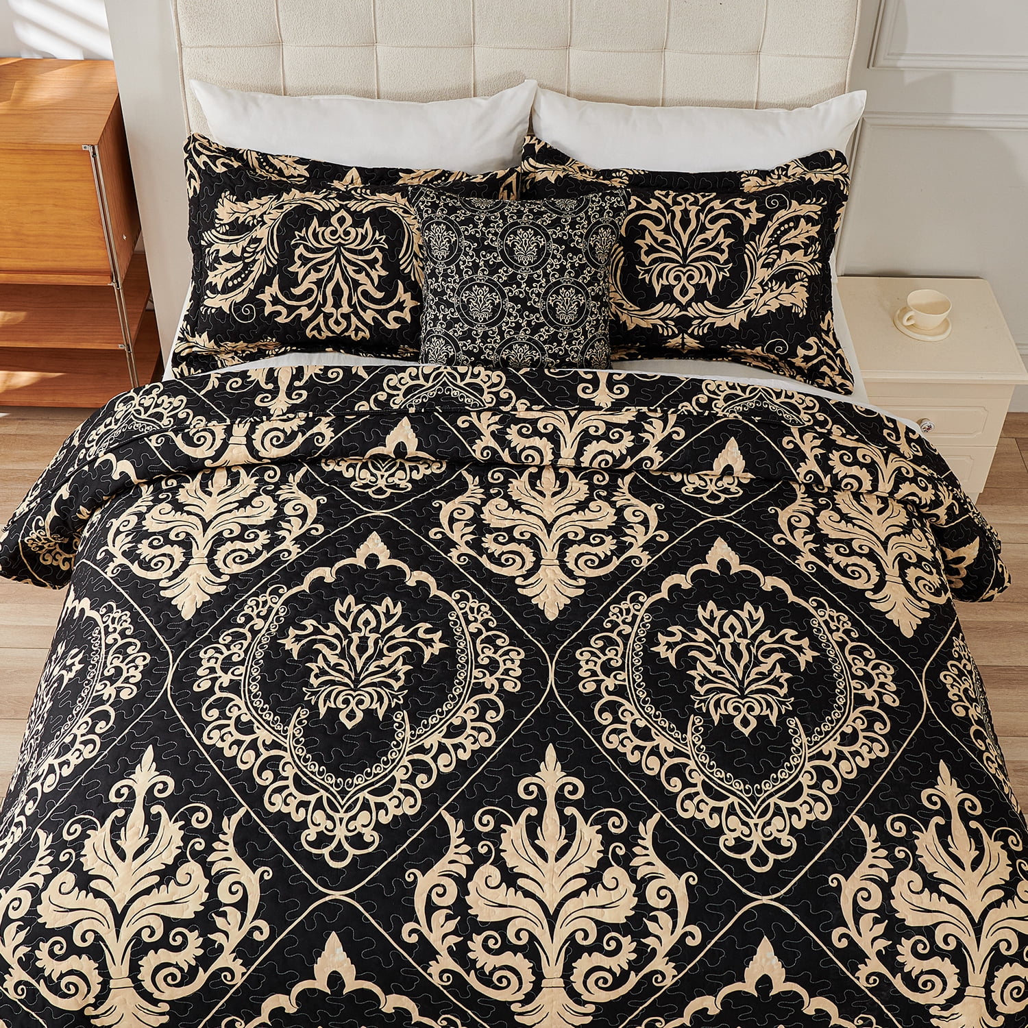 Evenhug Quilt Set 3-Piece Queen Damask Bedding Set Microfiber Floral Quilt Bedding Set With 2 Pillow Shams