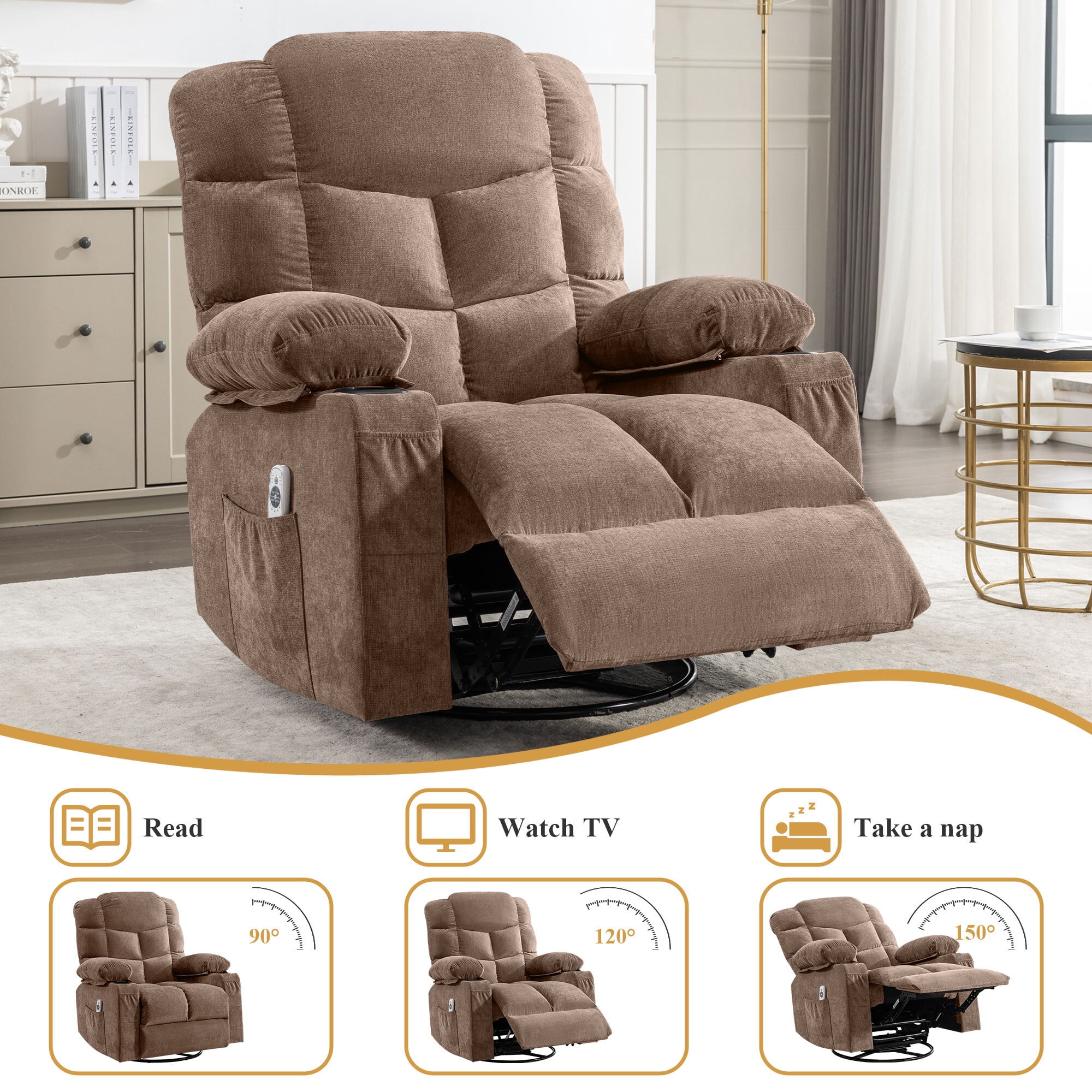 Alvantor Swivel Recliner Chair with Massage & Heat Single Rocker Sofa with Cup Holders for Bedroom Home Theater Brown