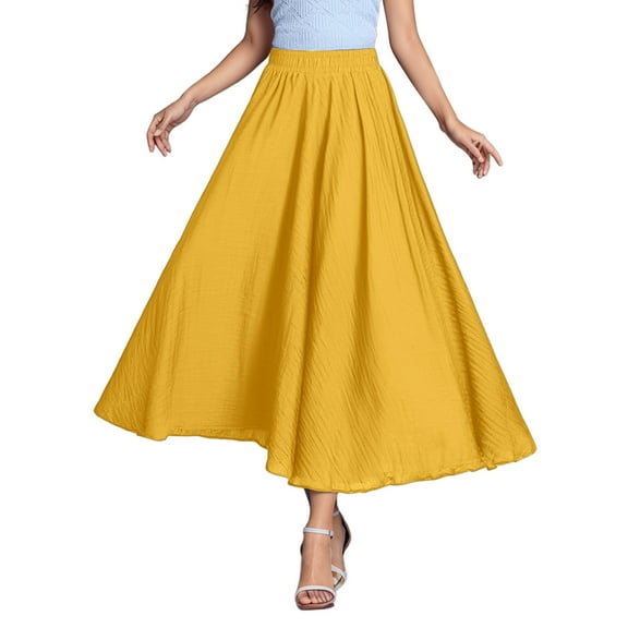 QHFBli Women's Girls Elastic Waist Long Flowy Bohemian Cotton Casual Maxi Skirt for Summer Beach Holiday