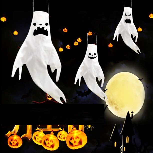 3 piezas de mangas de viento de fantasma blanco, bandera de manga de viento colgante espeluznante, decoraciones para fiestas, accesorios de vacaciones, patio interior al aire libre, césped Xemadio ZJWJ892