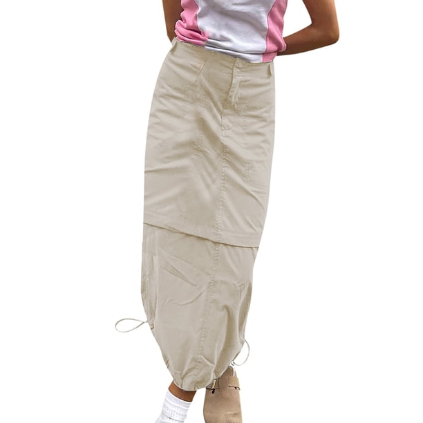Gibobby pantalones nieve mujer Falda larga suelta para mujer, con bolsillos, color sólido, retro, americana, con cremallera, con botones, ropa de trabajo (Caqui, S)