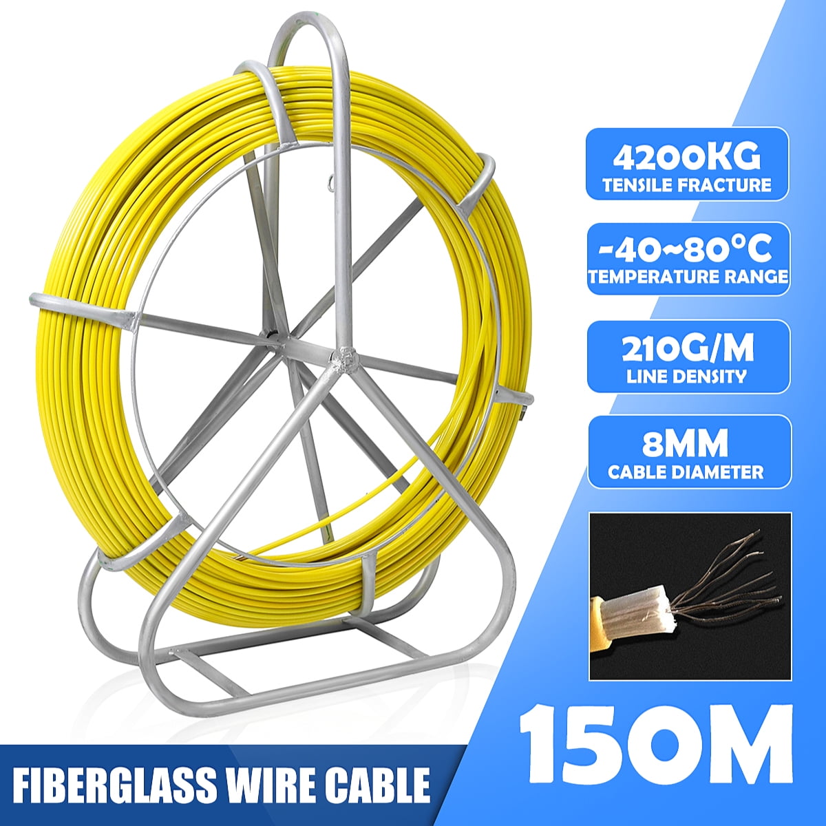 8mm*495FT Fish Tape Fiberglass Wire Cable Puller Electrical Steel Wire