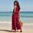 thumbnail image 5 of Women's Linen 2 Piece Outfits Summer Loungewear Sleeveless Ruffle Top Wide Leg Pants Beach Travel Sets, 5 of 6