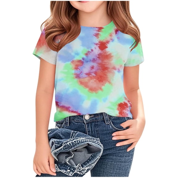DeHolifer Girls T-Shirts Tie Dye Short Sleeve Shirt Kids Summer Fashion Crewneck Tops Casual Tees for 13-14 Years