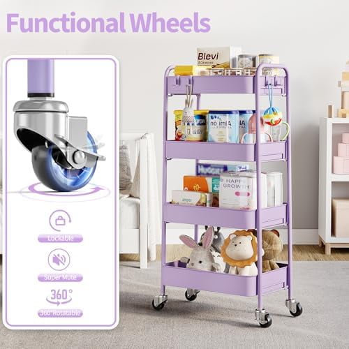4-Tier Metal Rolling Cart with Wheels, Storage Utility Organizer Cart for Kitchen, Bathroom, Office, Baby Essentials & Makeup - Lockable Casters, Easy Assembly, Large Capacity, Purple