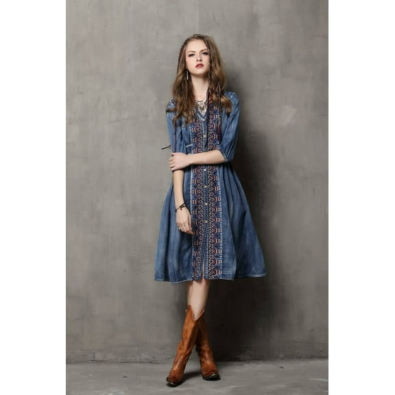 Vicky and Lucas Half Sleeve Button Front Modern Style Denim Dress (XS)