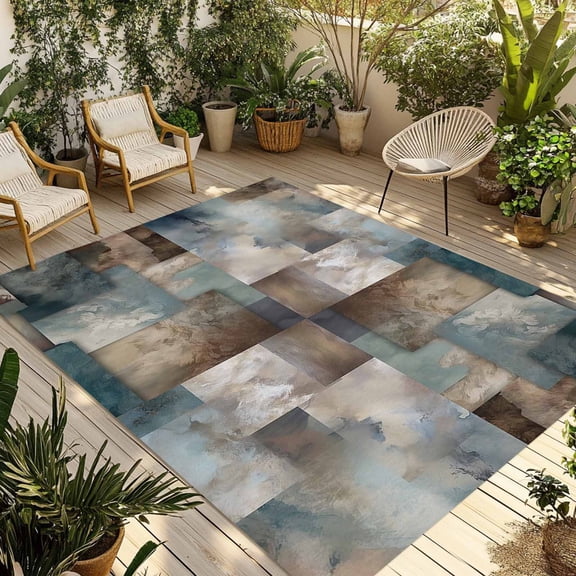 4' x 6' Outdoor Rug, Blue Brown Geometric Outdoor Washable Rug Large Floor Carpet, Modern Ombre Abstract Art Non Shedding Area Rug for Outside Patio RV Porch Deck Balcony Camping Living Room