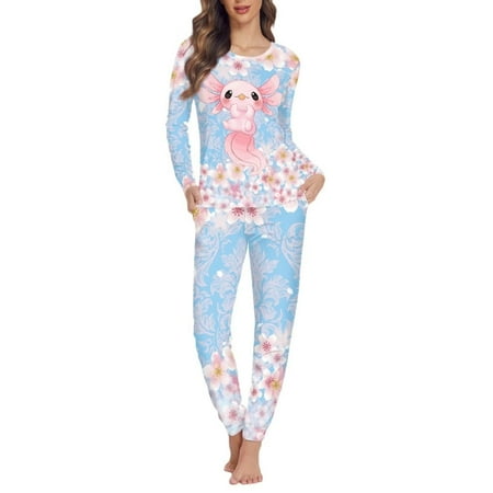 

Binienty Pink Sakura Axolotl Long Tail Cock Pj Set for Women Pajamas Long Sleeve Round Neck Tops with Long Pants Walking Jogger Clothing Skin Friendly Sleepwear Nightgown Loungewear Prefect Gift 2XL