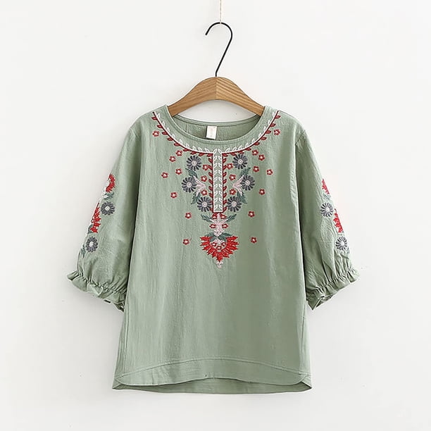 Fiudx Tops para Mujer Camiseta Holgada Informal de Color para Primavera y Verano para Mujer, Tops Bordados de Manga Corta con Cuello Redondo, Blusa de Algodón y Lino