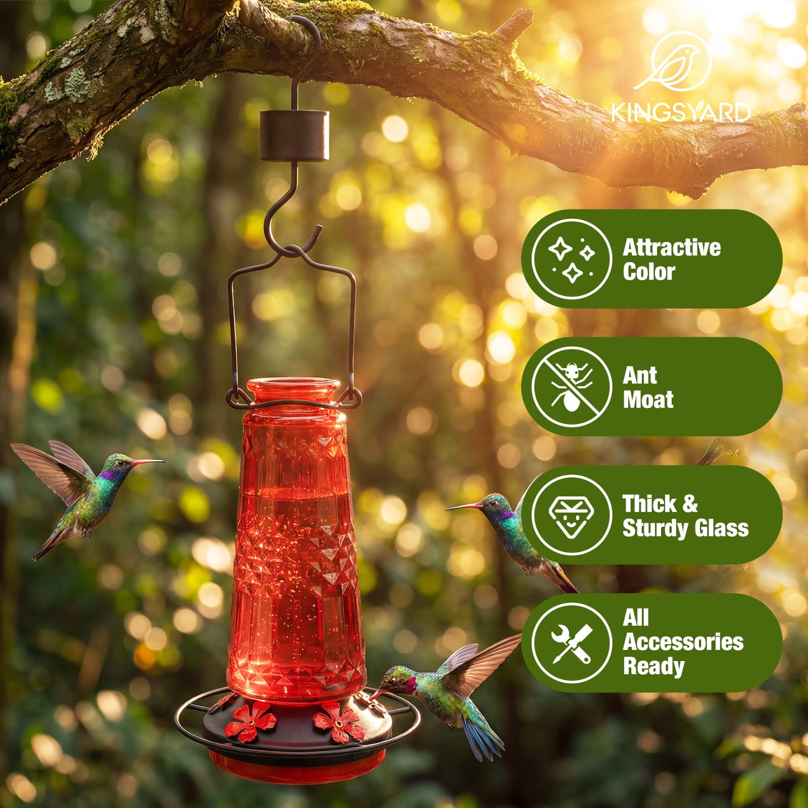 (2 pack) Kingsyard 18.6 oz Red Glass Hummingbird Feeder, 5 Red Ports, Ant Moat Included