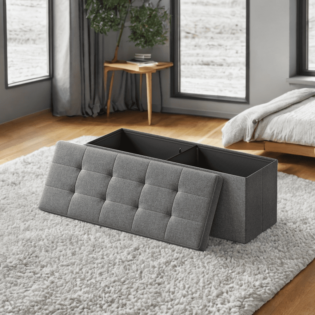 LEDREM 43" Foldable Storage Ottoman Bench with 660lb Capacity, Ottoman with Storage, Footrest, for Living Room, Bedroom, Dark Gray