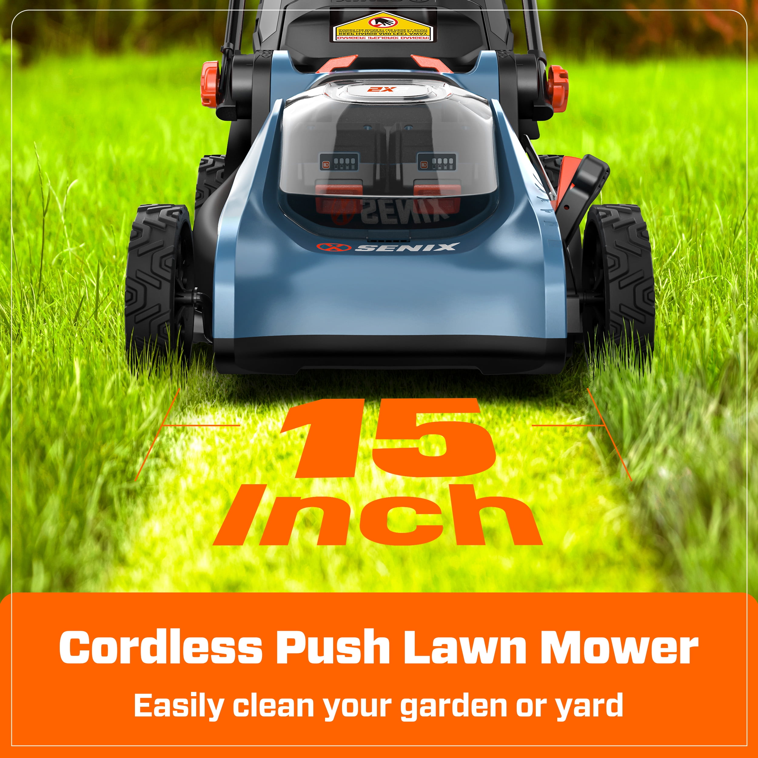SENIX Cordless 4-Tool Combo Kit, 15" Cordless Lawn Mower, 10" String Trimmer, 350 CFM Leaf Blower & 24" Hedge Trimmer, Batteries & Chargers Included