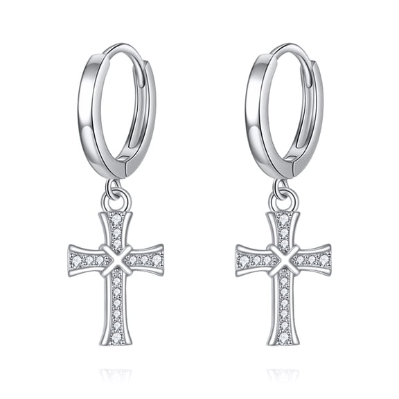 S925 Sterling Silver Cross Hoop Earrings Dangle Drop Earrings Huggie Jewelry Birthday Gifts for Women (Cross Cubic Zirconia)