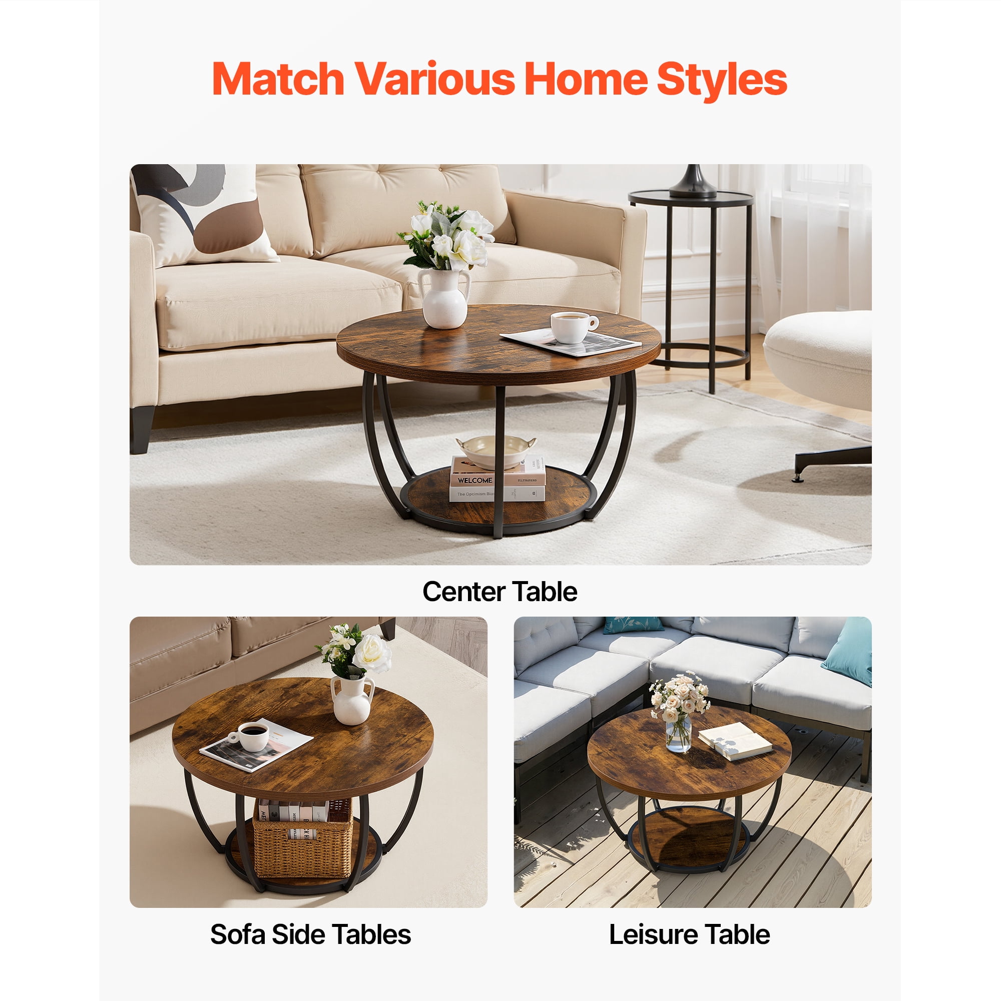 KFFKFF Round Coffee Table, Modern 2-Tier Wooden Center Table with Open Storage, Minimalist Metal Frame Design for Living Room or Office, Easy to Assemble, Rustic Brown Finish