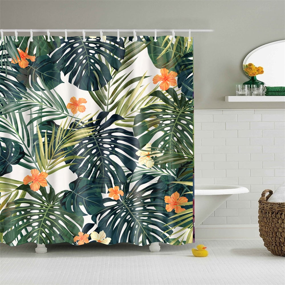 Tropical Shower Curtain Flower And Leaf Palm Green Plant Orange Blossom