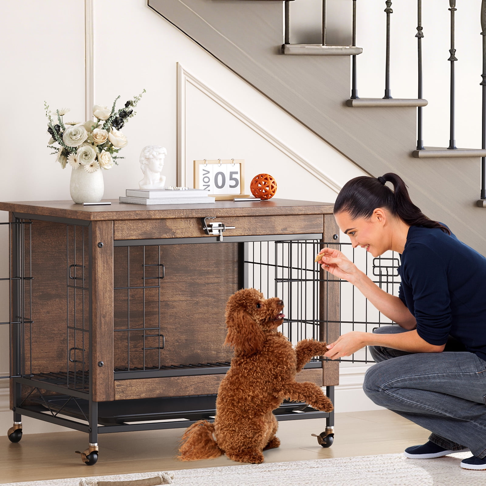 Dog Crate Furniture with 2 Doors, Indoor Small Dog Crates with Wheels, Heavy Duty Wooden Kennel Furniture, End Side Table Cage, Anti-Chew, Rustic Brown