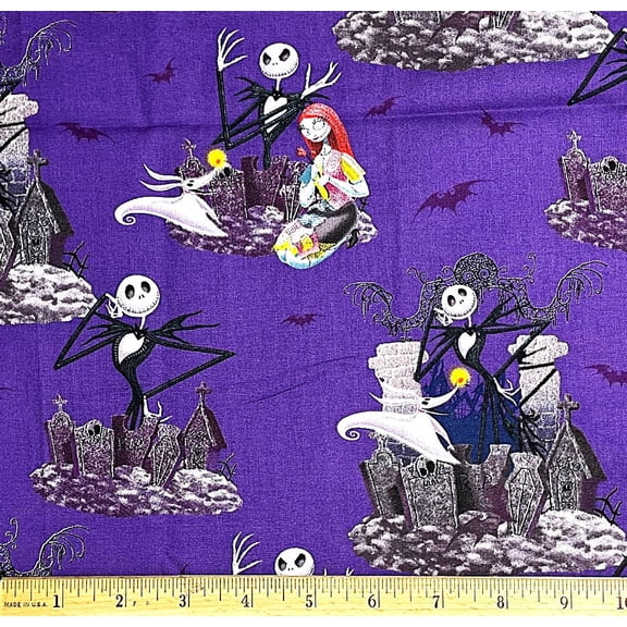 1 Fat Quarter - Disney Nightmare Before Christmas Jack & Sally on Purple Cotton Fabric - 21" X 18"