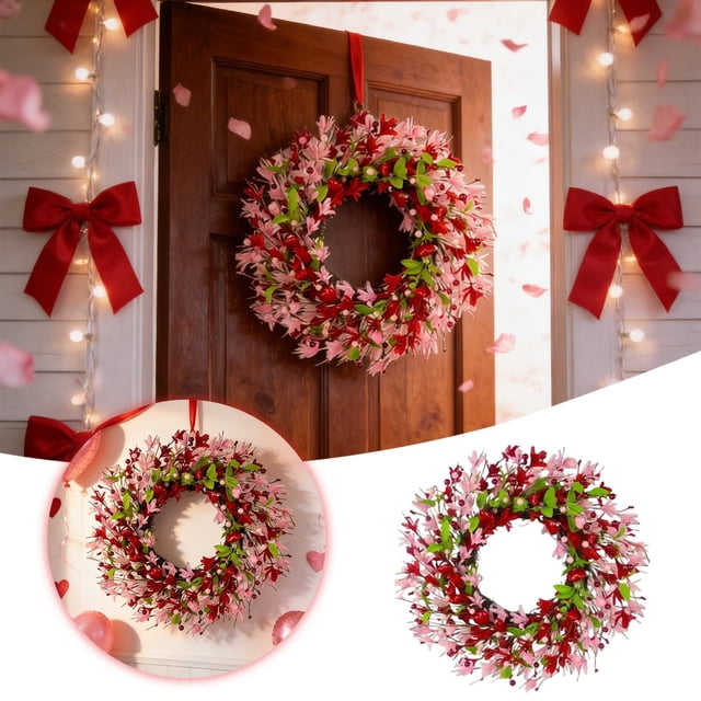 ERK Couronne de la Saint-Valentin, 19,7 Pouces Couronne de la Saint-Valentin en Forme de Cœur avec Baies Rouges pour Porte d'Entrée, Couronne Artificielle Décoration Maison pour Manteau Mural Intérieur Extérieur