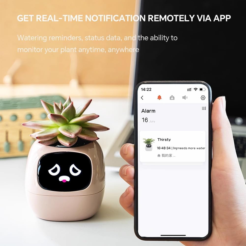 ITIGOITIE Smart Flowerpots, with Artificial Intelligence, Time Temperature Display, Multiple expressions, for Indoor Decoration, Gifts(Pink)