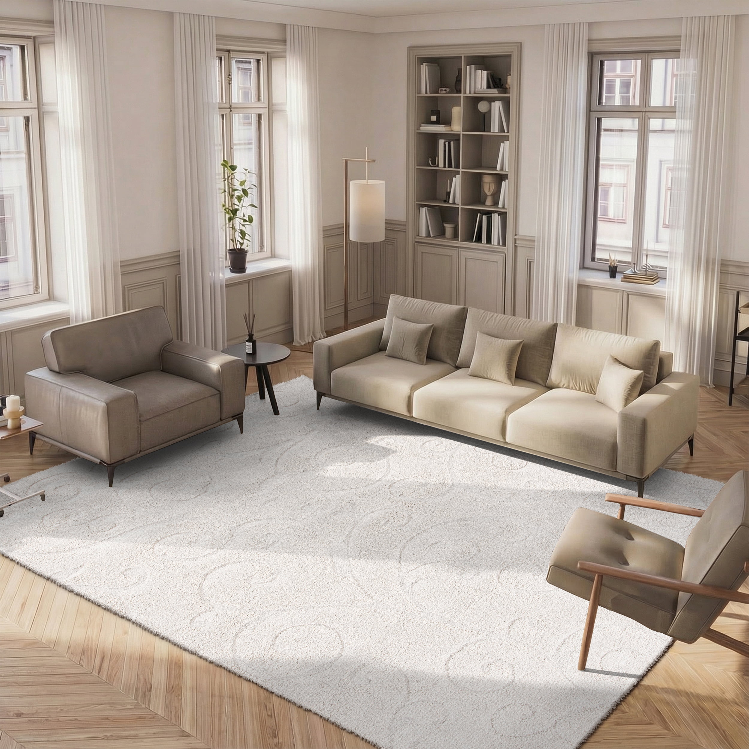 SAFAVIEH Florida Doug Floral Vines Geometric Shag Area Rug, Creme, 4' x 6' - Transitional Modern Design, Creme & Creme, Non-Shedding & Easy Cleaning, Ultra Plush Thick Pile, Ideal for Living Room, Be