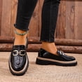 thumbnail image 4 of Women's Platform Loafers Wide Width, Patent Leather Metal Buckle Casual Shoes, British Style Chunky Sole Low Heel Dress Shoes, Black, 4 of 9